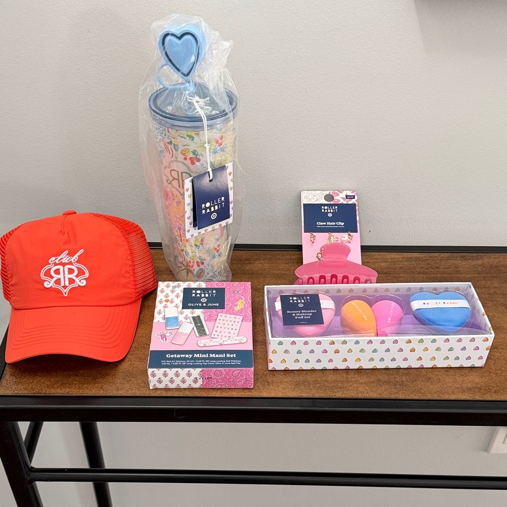 Roller Rabbit/Target Tumbler, hat, hair clip, makeup and nail polish set